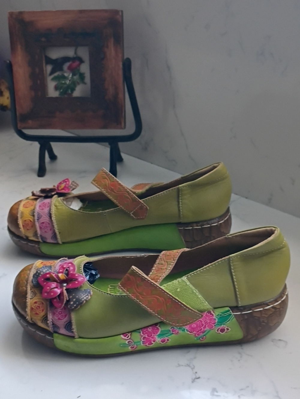 Artisan Green Floral Leather Mary Jane Flats